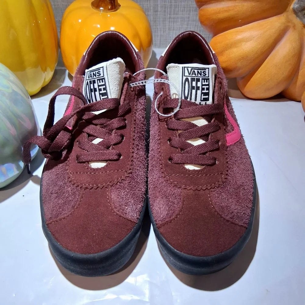 Vans Maroon Suede Sneakers with Pink Side Stripe